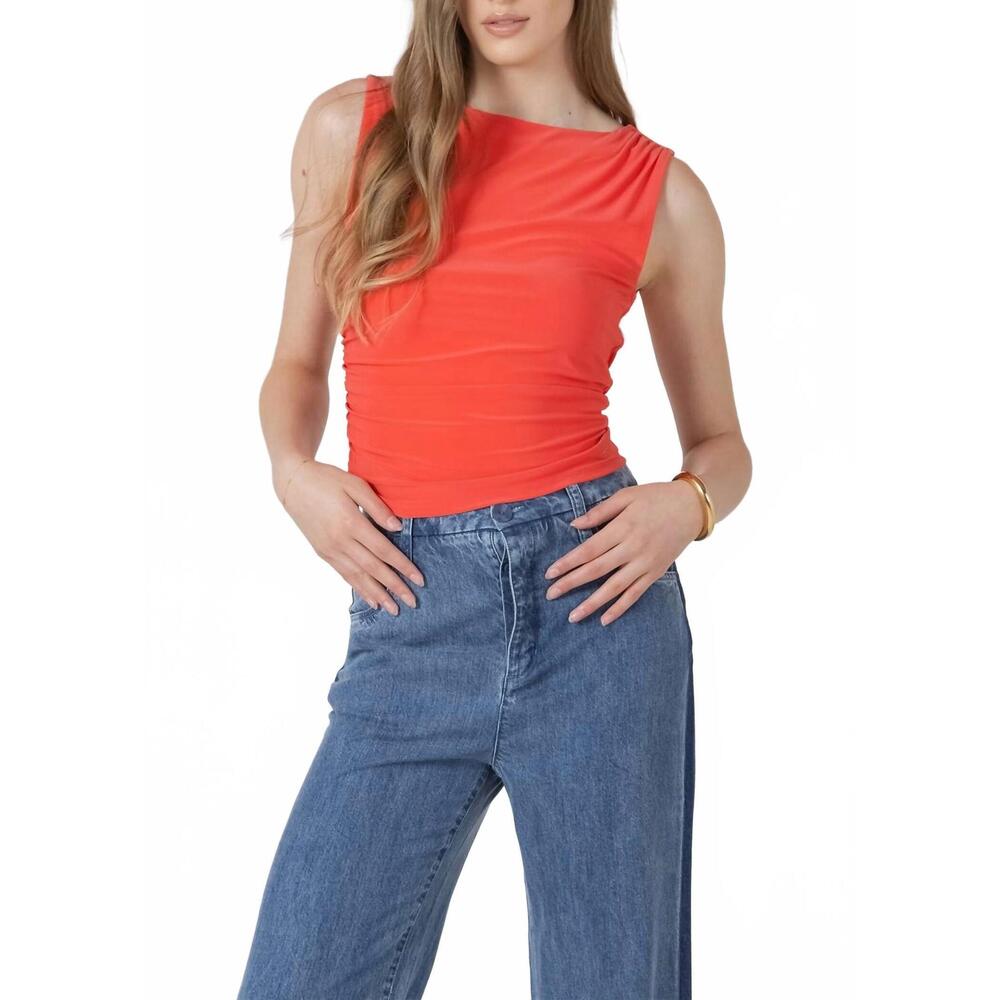 NEW DEX CLOTHING shirred detail boat neck tank top in bright cherry